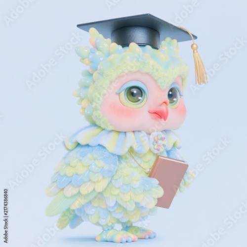Whimsical owl figurine with graduation cap holding a book against a soft blue background