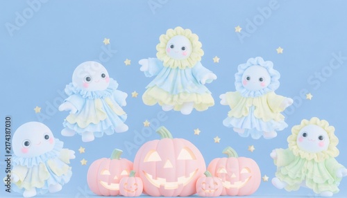 Whimsical pastel ghosts and glowing pumpkins arranged on a soft blue background with scattered stars