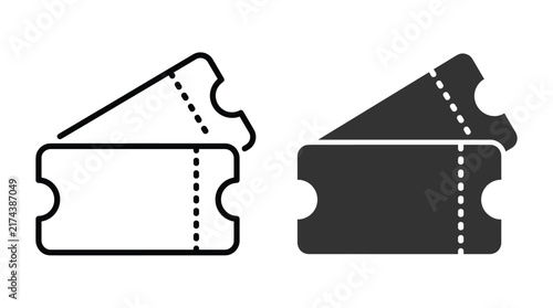 Two cinema admission tickets in outline and solid black flat vector style