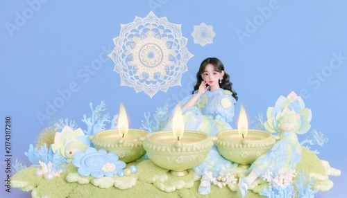 Young Asian woman in festive attire with lit diyas during a joyful celebration with ornate decorations