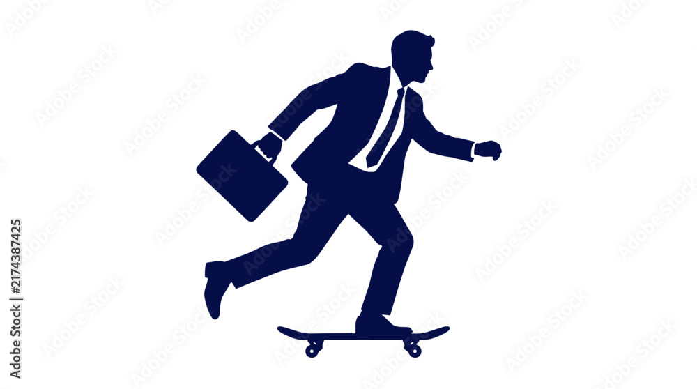 Fototapeta premium Silhouette of businessman riding skateboard carrying briefcase commuting to office vector illustration
