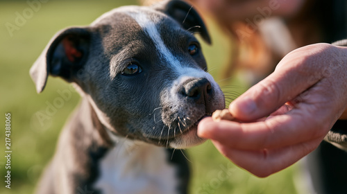 Owner feeding a puppy treat from hand in sunny outdoor training session  