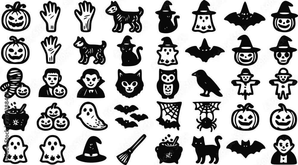 Fototapeta premium Halloween vector icon set featuring spooky pumpkins, black cats, ghosts, bats, and witches in a clean flat graphic design style