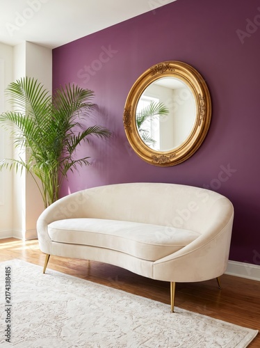 Modern living room featuring elegant purple wall and stylish curved sofa with decorative mirror