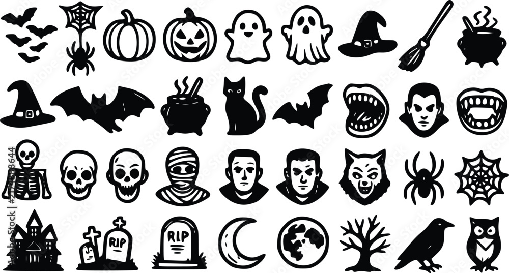 Fototapeta premium Halloween collection featuring detailed black vector illustration icons including spooky pumpkins ghosts witch hats bats skeletons skulls and haunted houses