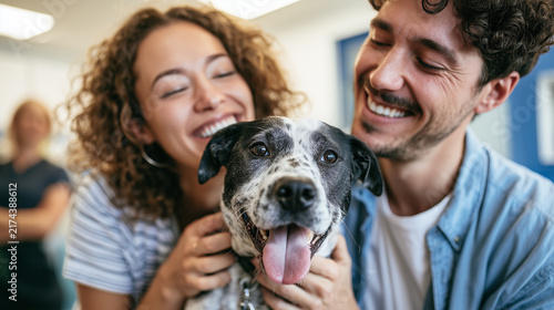 Happy couple adopting a rescue dog at a modern animal shelter  