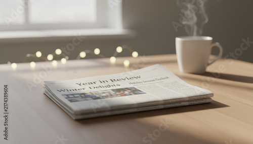 Folded newspaper on wooden table with steaming coffee cup