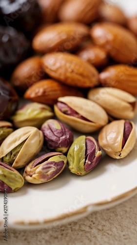 Closeup triptych of glossy medjool dates with almonds and pistachios on a ceramic plate, slow inward dolly and gentle right pan across the pile