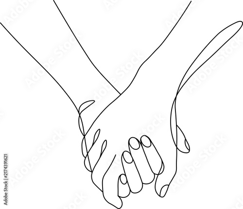 Quadro su tela Minimalist single line art of two hands holding, symbolizing love, unity, partnership, and support on a white background