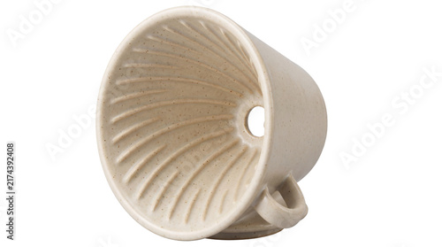 фотографія Ceramic coffee dripper with spiral ribs, beige stoneware pour over cone, minimal