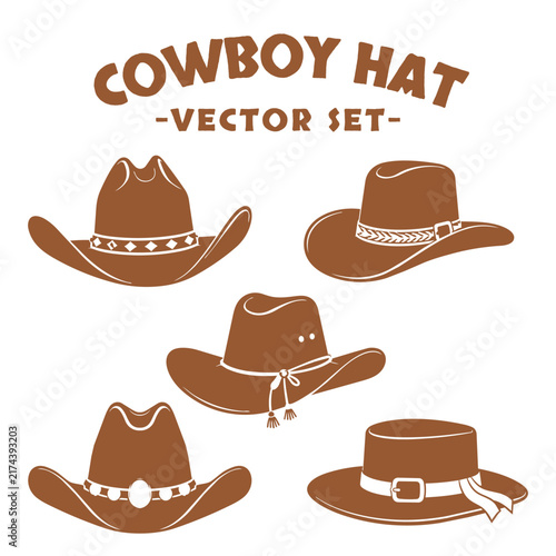 Collection of five cowboy hat vector illustrations in a clean western style, featuring various hat shapes and decorative details isolated on white.