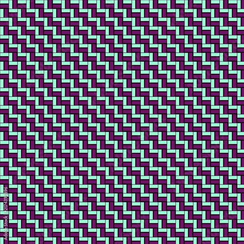 Woven texture showcases diagonal zigzag bands combining deep purple and light mint green blocks together.