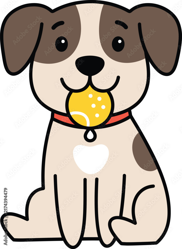 Fototapeta premium A cute cartoon puppy sitting down holding a yellow tennis ball in its mouth.