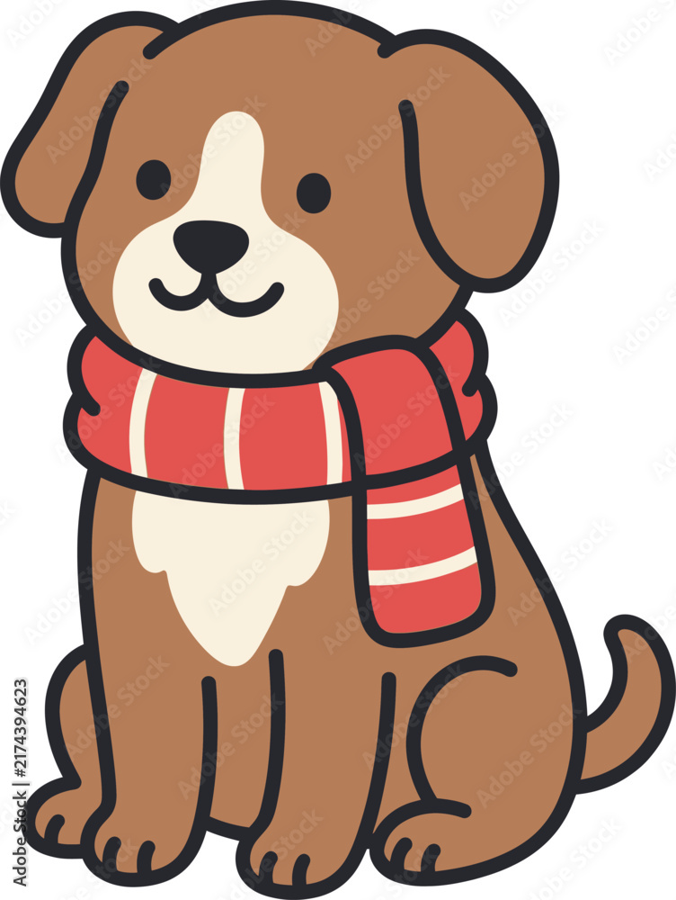 Obraz premium Cute cartoon puppy dog wearing a cozy red striped winter scarf illustration.