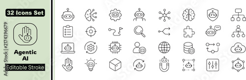 32 Agentic AI Vector Outline Icons Set – AI Agent, Automation, Chatbot, Smart Assistant, Neural Network and Artificial Intelligence Line Symbols Collection