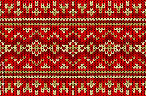 Red and gold knitted geometric pattern with repeating ethnic textile motifs on black background.