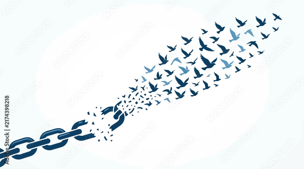 Fototapeta premium Broken metal chain links transforming into a flock of flying birds symbolizing freedom and breaking free from constraints