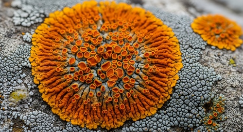 Close-up of Vibrant Orange Lichen Growing on Textured Rock Surface - Nature Macro Photography