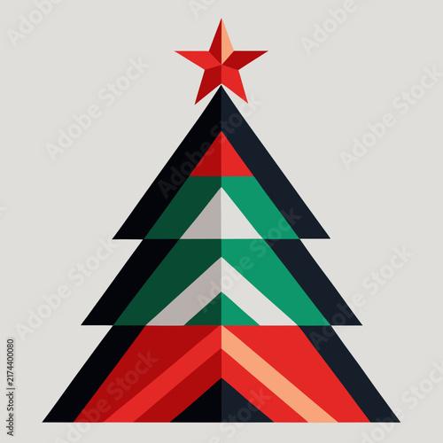 Abstract geometric christmas tree featuring layered triangular shapes in red green and black tones for festive winter holiday branding.