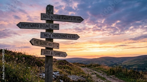 Wooden signpost with travel directions at sunset in mountains