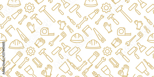 Gold construction tools outline seamless pattern vector background with builder hardware, equipment, and work gear