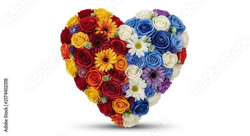Colorful heart-shaped flower arrangement isolated on white background