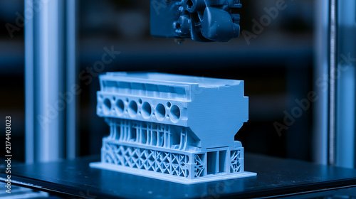 Obraz na płótnie Industrial 3D printer creates precision engine block prototype in blue tone laboratory setting showcasing advanced manufacturing technology