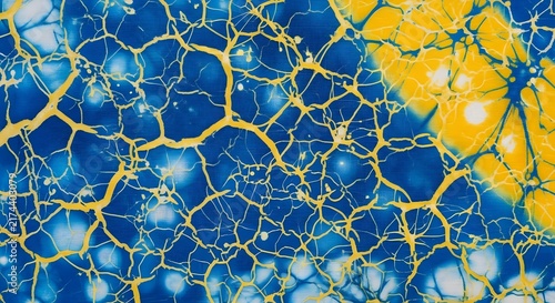 Vibrant Abstract Cellular Network Pattern with Organic Blue and Yellow Contrast