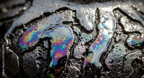 Abstract Macro Close-Up of Iridescent Oil Slick on Water with Vibrant Color Reflections