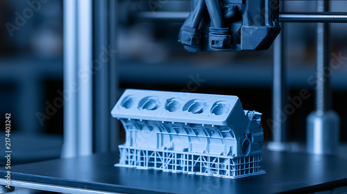 Obraz na płótnie Industrial three dimensional printer create precise engine block prototype in modern workshop, advanced manufacturing technology process shot