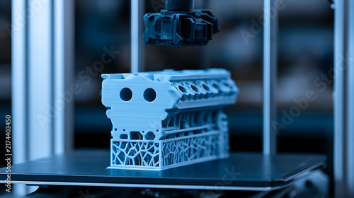 Obraz na płótnie Industrial 3D printer creates precise mechanical engine prototype component in modern laboratory setting during advanced automated manufacturing