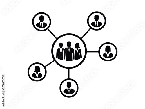 Black silhouette vector graphic illustrates connected business people network communication for social media marketing team concept.