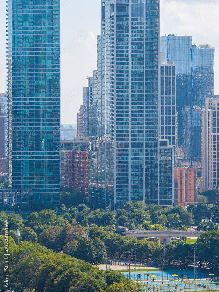Obraz premium Aerial shot of Skyscrapers and office buildings in the skyline in Chicago Illinois USA