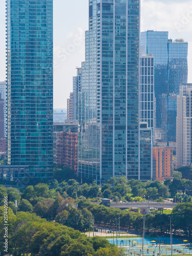 Aerial shot of Skyscrapers and office buildings in the skyline in Chicago Illinois USA