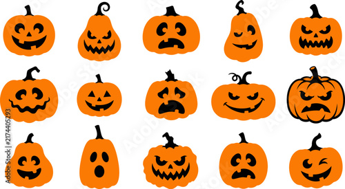 Halloween jack o lanterns with various carved faces and expressions on transparent background