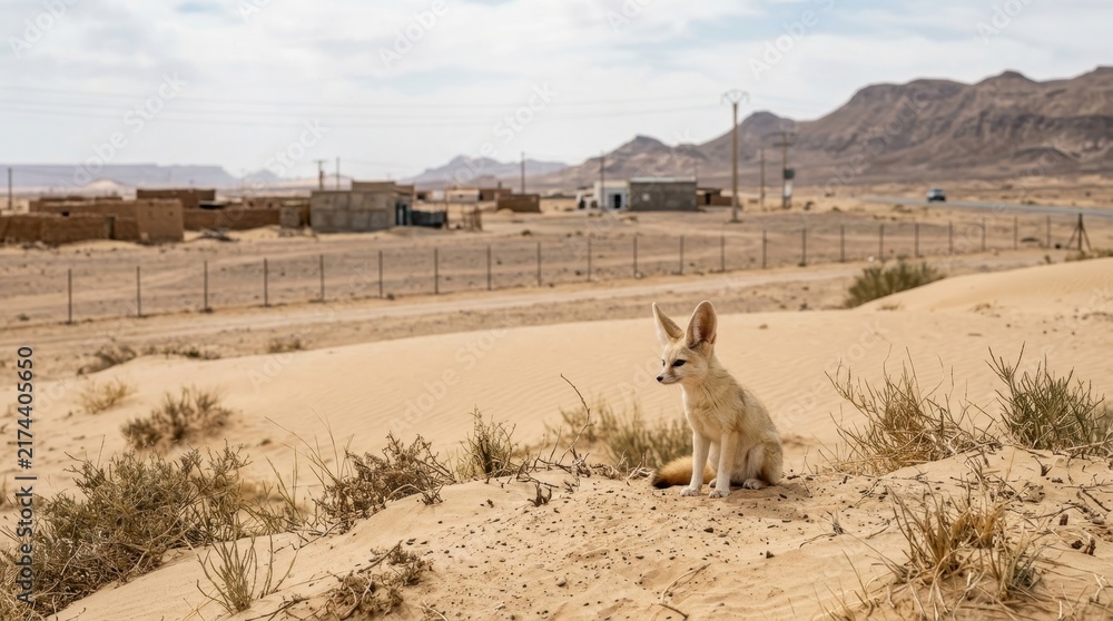 Naklejka premium Fennec Fox in the Desert: A fennec fox sits alertly on a sand dune, its large ears twitching, surrounded by arid desert landscape with distant buildings under a clear sky.