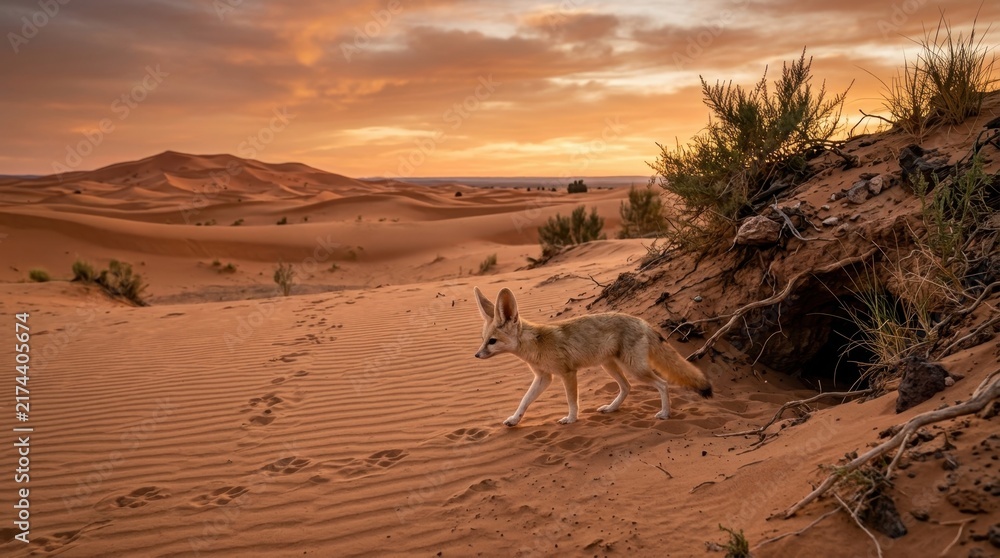 Naklejka premium Desert Fox at Dusk: A fennec fox with its characteristic large ears walks through the warm, sandy dunes of the desert as the sun sets, casting a golden glow over the arid landscape.