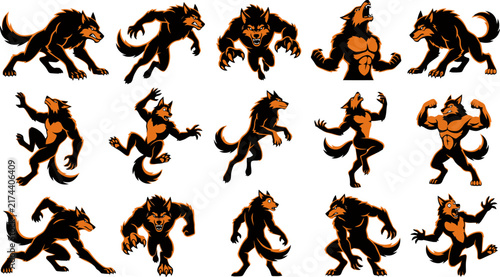 Creative collection of stylized werewolf transformation poses with muscular and fierce expressions in orange and black vector art