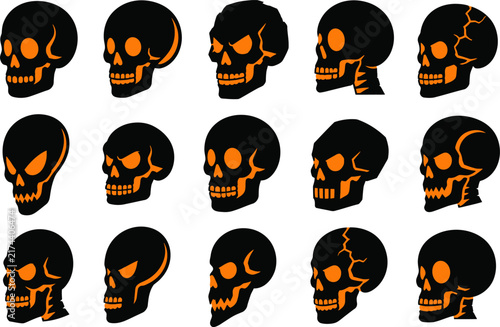 Creative collection of stylized jack o lantern skull designs with carved pumpkin details in orange and white