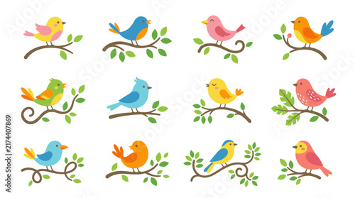 Collection of Adorable Cartoon Birds Perched on Branches.