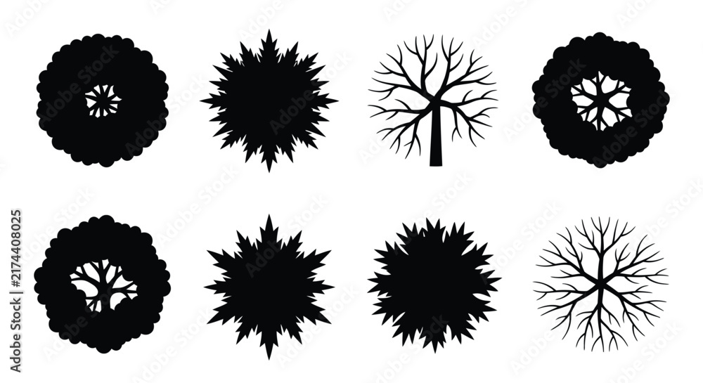 Obraz premium Tree silhouettes depict various foliage shapes on a white background