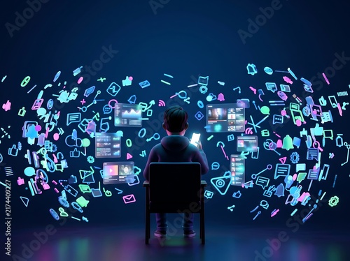Individual viewed from behind sitting in a chair and using a glowing phone in front of a wall of floating colorful application widgets.