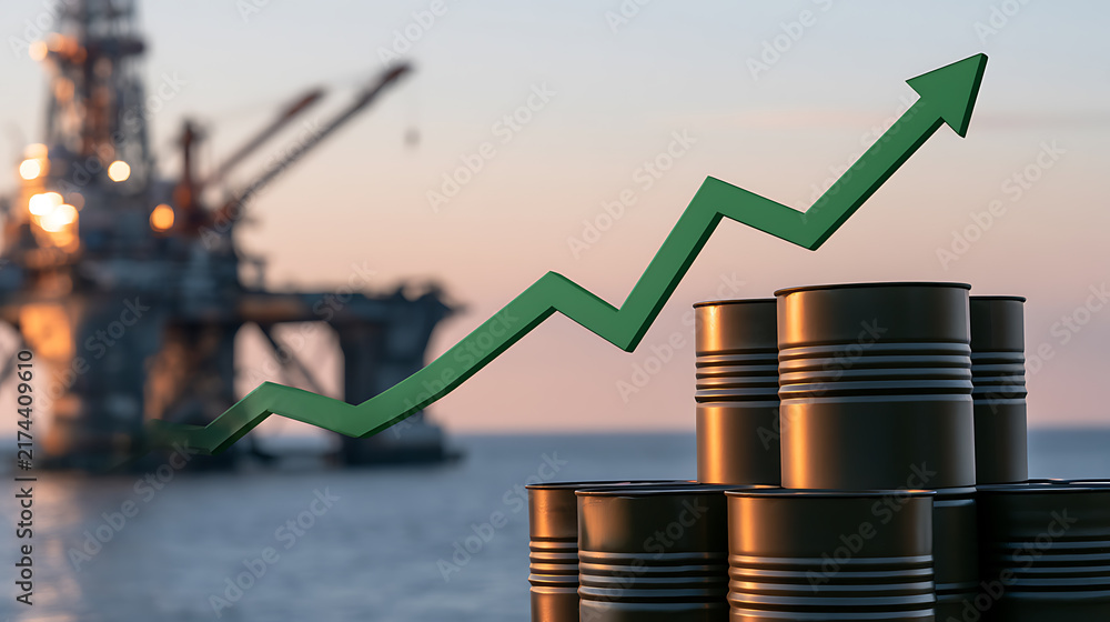 Obraz premium Oil price rise chart with green arrow over barrels and offshore rig. Economic growth and petroleum market concept photo for financial news