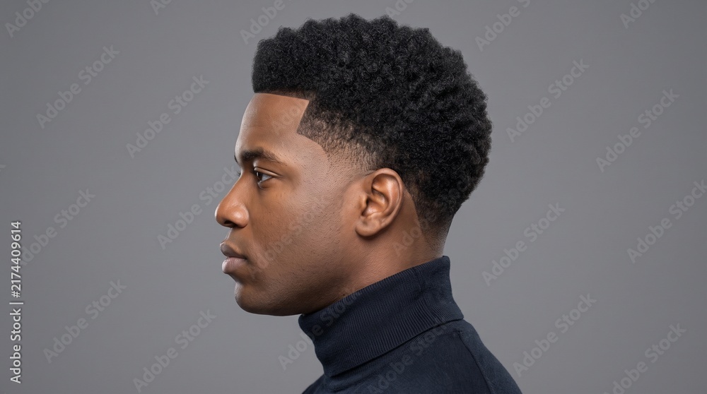 Obraz premium Handsome Black man with stylish fade haircut in profile. Young African American male model in black turtleneck. Professional studio portrait.