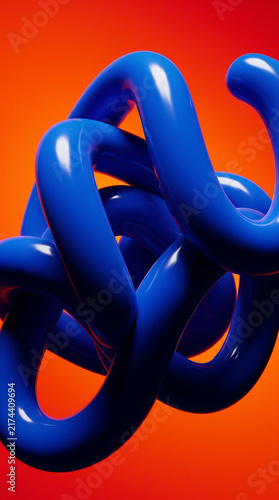 Glossy Blue Tubular Sculpture on Orange Gradient Background
