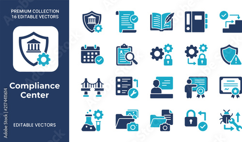 Comprehensive Set of Professional Compliance and Regulatory Management Vector Icons for Corporate Governance and Legal Documentation