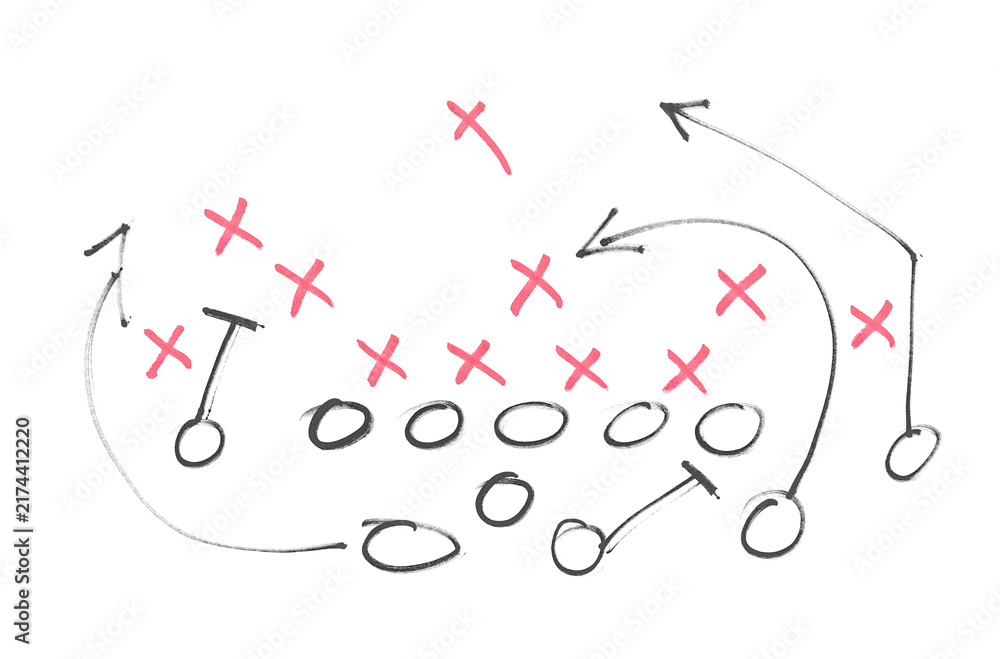 Naklejka premium Hand draw strategy game, American football tactics, sketched gruge black marker, isolated on white backgroud, clipping path, design elements, transparency 