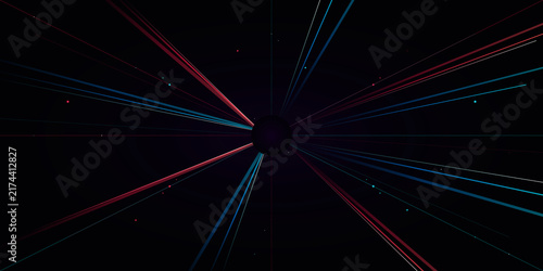 Konstfotografi Abstract radial light streaks emitting from central dark sphere on transparent b