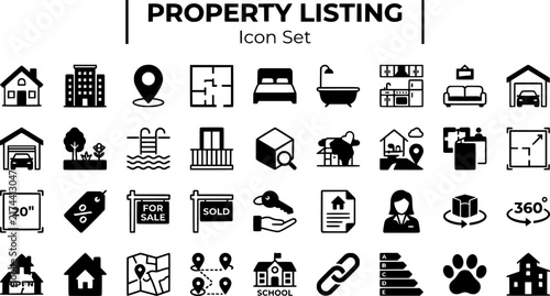 Property Listing Real Estate Icon Set House Apartment Location Pin Floor Plan Bedroom Bathroom Kitchen Garage Garden Pool Price Tag Vector