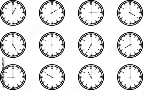 Analog clock hourly illustration icon set

